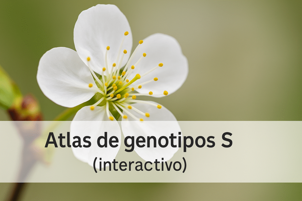 Flor de cerezo en primer plano con rótulo “Atlas de genotipos S (interactivo)”