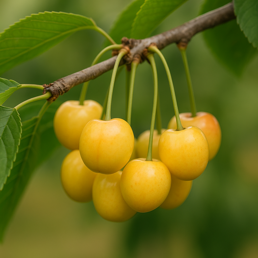 Racimo de cerezas amarillas en fase paja colgando de una rama
