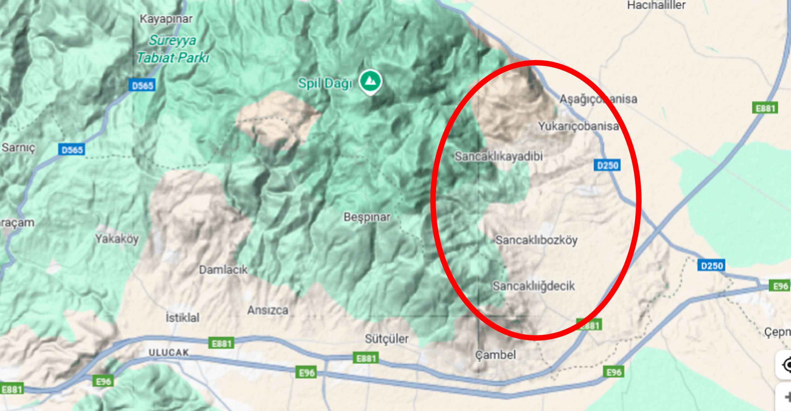 Mapa de Şehzadeler (Manisa, Turquía) con el área cerecera temprana resaltada en rojo junto a Spil Dağı y la D250/E881