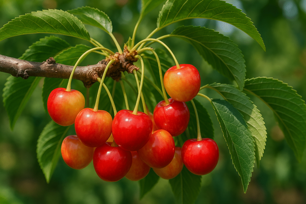 Racimo de cerezas bicolores rojo-amarillo colgando de una rama, con hojas verdes al fondo.