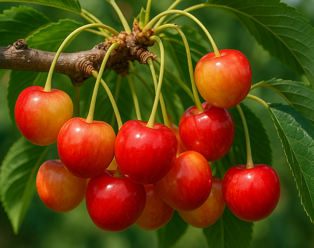 Racimo de cerezas bicolores rojo-amarillo colgando de una rama, con hojas verdes al fondo.
