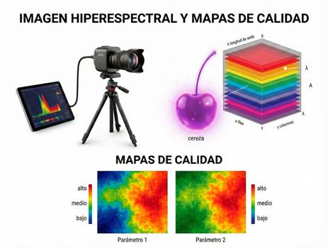 Infografía con una cámara hiperespectral apuntando a una cereza y un hipercubo espectral, junto a mapas de calidad que ilustran la generación de mapas de parámetros en la fruta