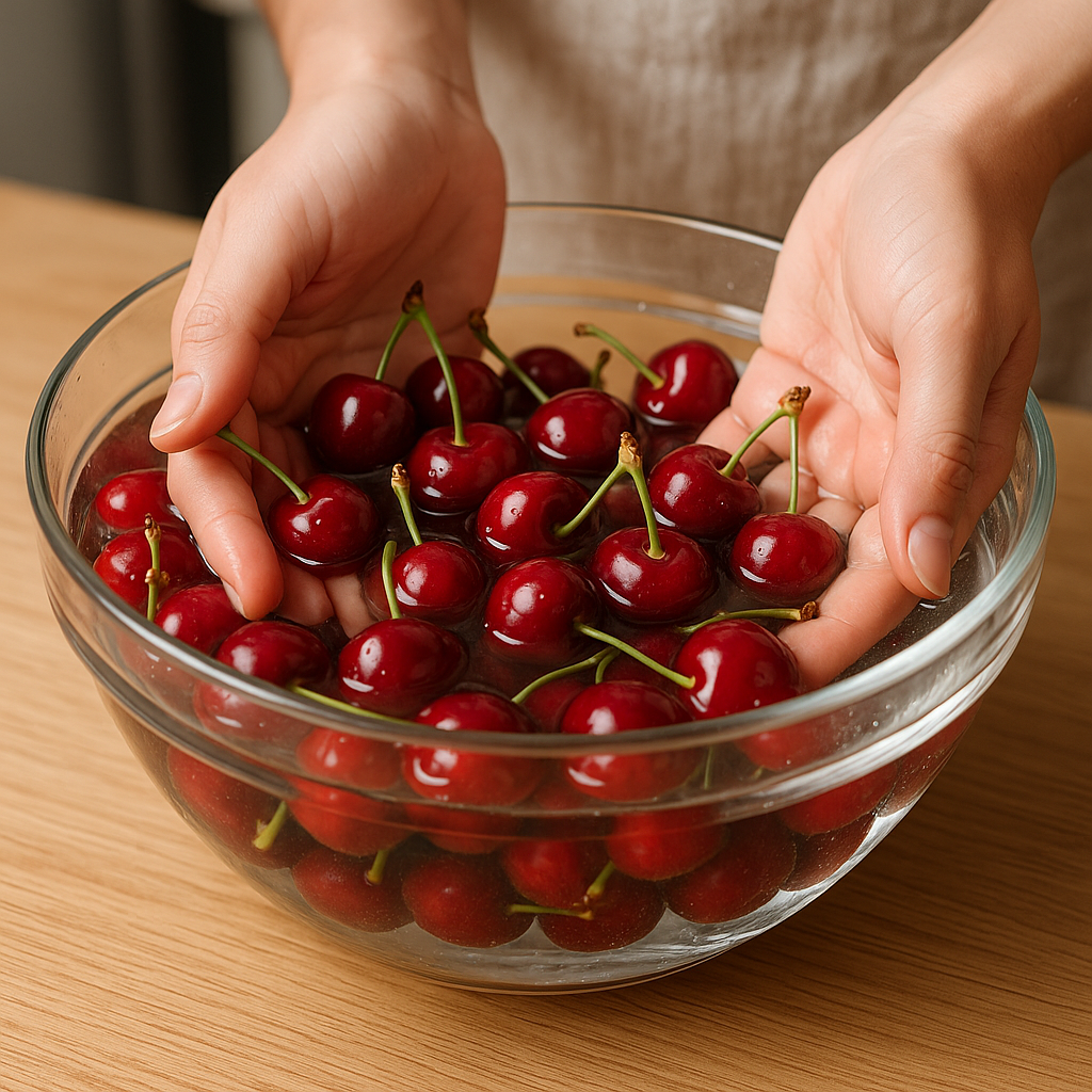 Manos sumergiendo cerezas frescas en un bol con agua, simulando un lavado por inmersión para reducir residuos de pesticidas.