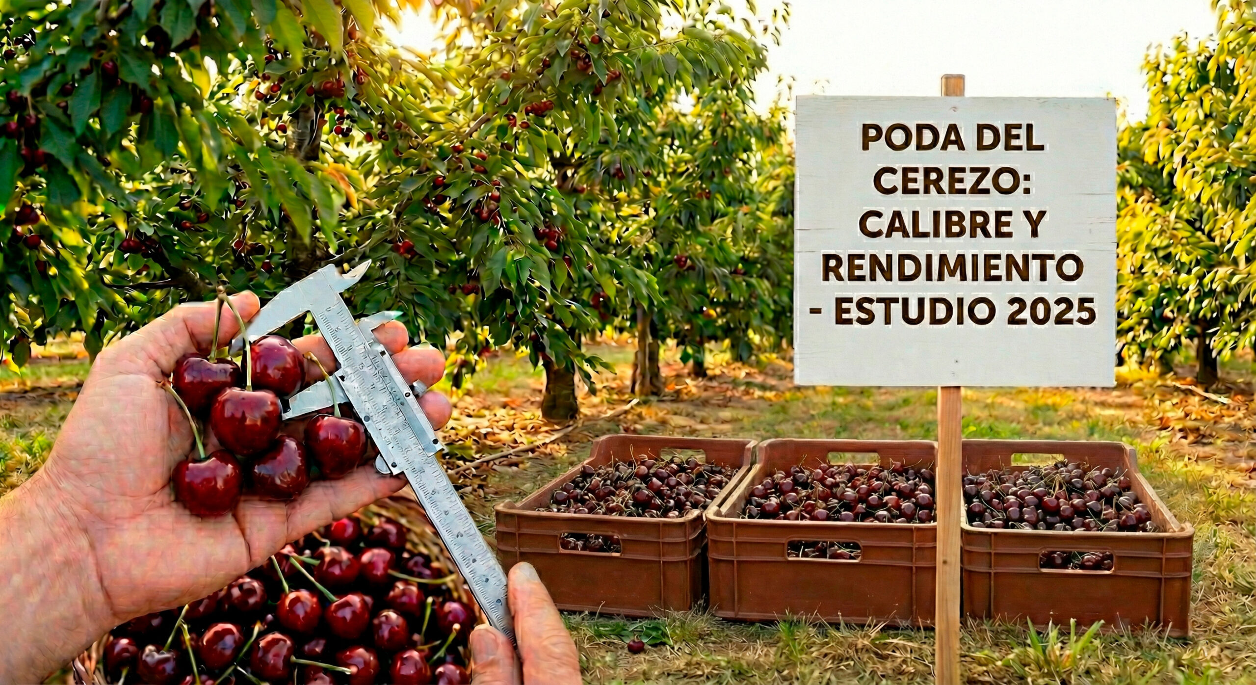 Mano midiendo el calibre de varias cerezas con un calibre en un huerto, con cajas llenas de fruta y un cartel que indica “Poda del cerezo: calibre y rendimiento – estudio 2025”.