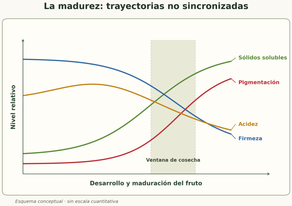 Figura 1: «Evolución conceptual no sincronizada de la firmeza, los sólidos solubles, la pigmentación y la acidez durante la maduración de la cereza».